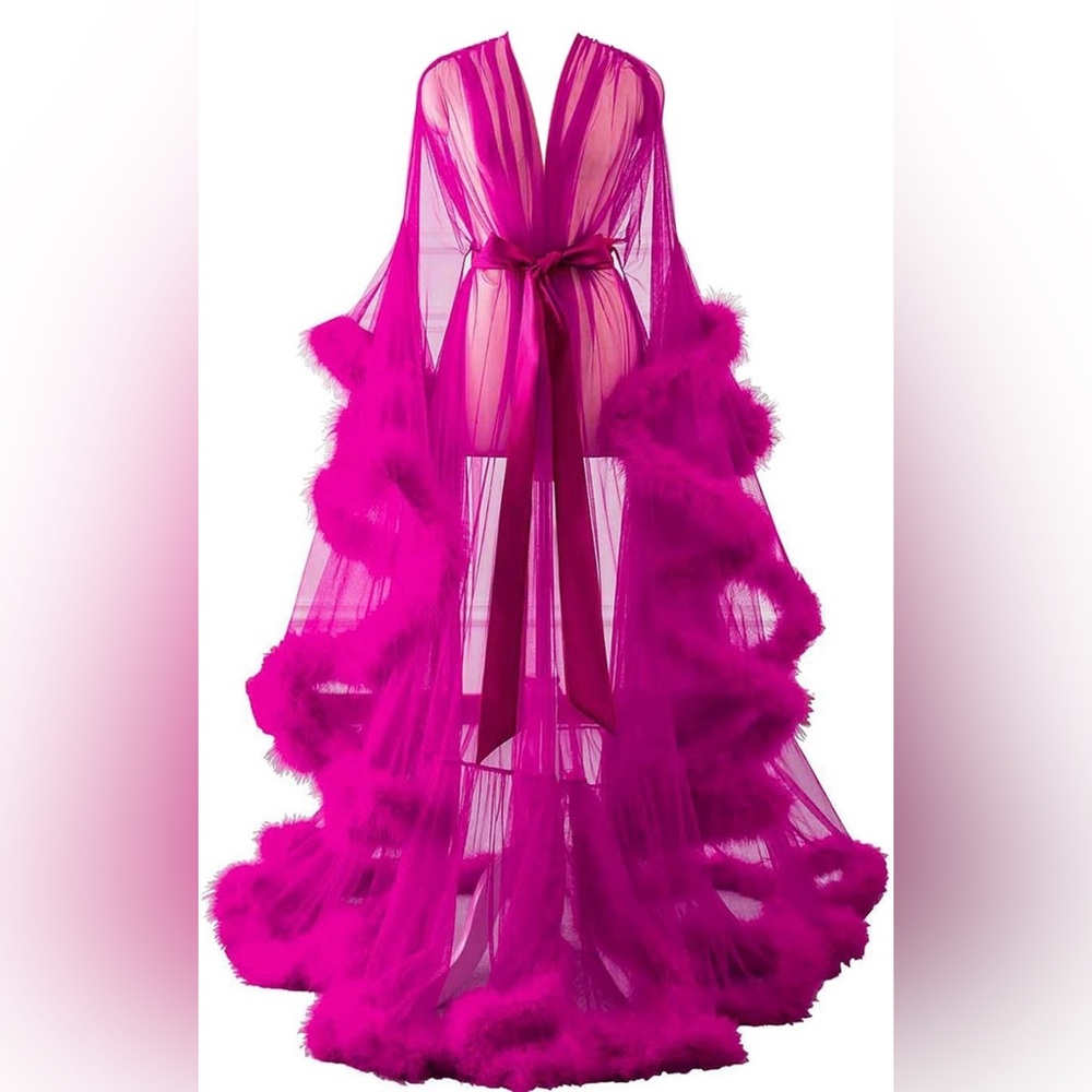 Pink feather trim robe gown